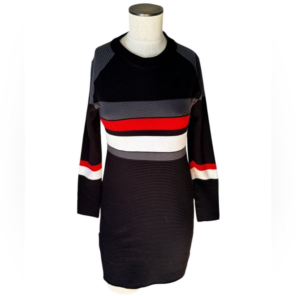 Krimson Klover Pearl Black Textured Wide Stripe Long Sleeve Sweater Dress Sz M